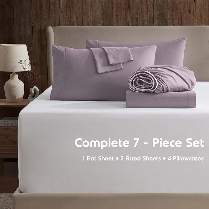 Nestl Extra Deep Split King Sheet Set - 7 Piece Breathable & Cooling Sheets - Hotel Luxury Bedding Set w/18-24 Inch Deep Pockets - Easy & Secure Fit - Super Soft, Wrinkle Free & Comfy - Dusty Purple