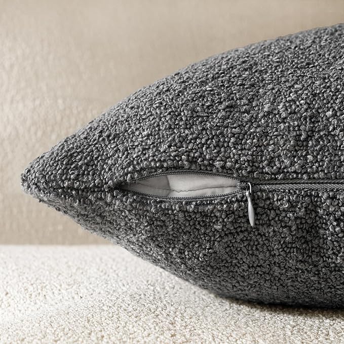 Woaboy Pack of 2 18x18 Inch Decorative Boucle Throw Pillow Covers Textured Square Pillowcaes Accent Solid Cozy Soft Cushion Covers Home Decor for Sofa Couch Living Room Home Decor,Dark Gray