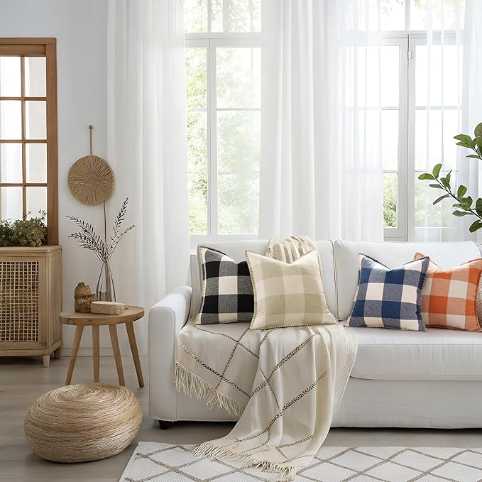 decorUhome Christmas Buffalo Plaid Check Throw Pillow Covers 18x18 Set of 2, Outdoor Linen Decorative Farmhouse Gingham Pillow Covers with Stitched Edge for Bed Couch Sofa, Black and White