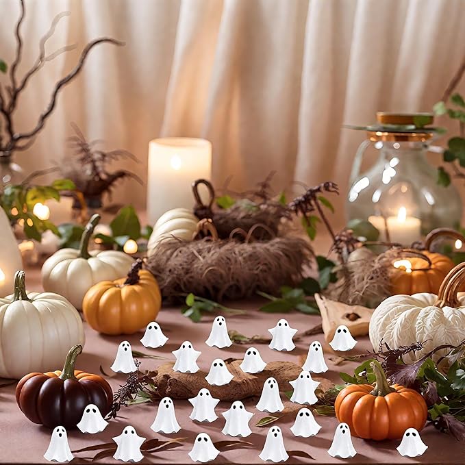 50Pcs Mini Resin Ghosts, Small Ghost Figurines, Tiny Halloween Miniatures for Spooky Tiered Tray Decor, Vase Filler, Home Tabletop Shelf Centerpieces, Party Favors Gift