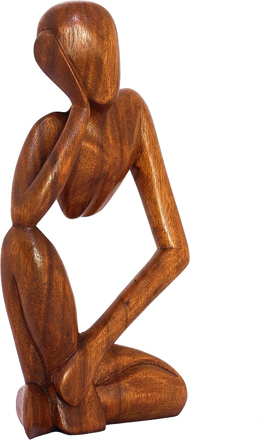 12" Wooden Abstract Thinker Statue, Hand Carved Thinking Man Figurine, Modern Minimalist Sculpture, Handmade Home Decor Accent Gift (Brown)