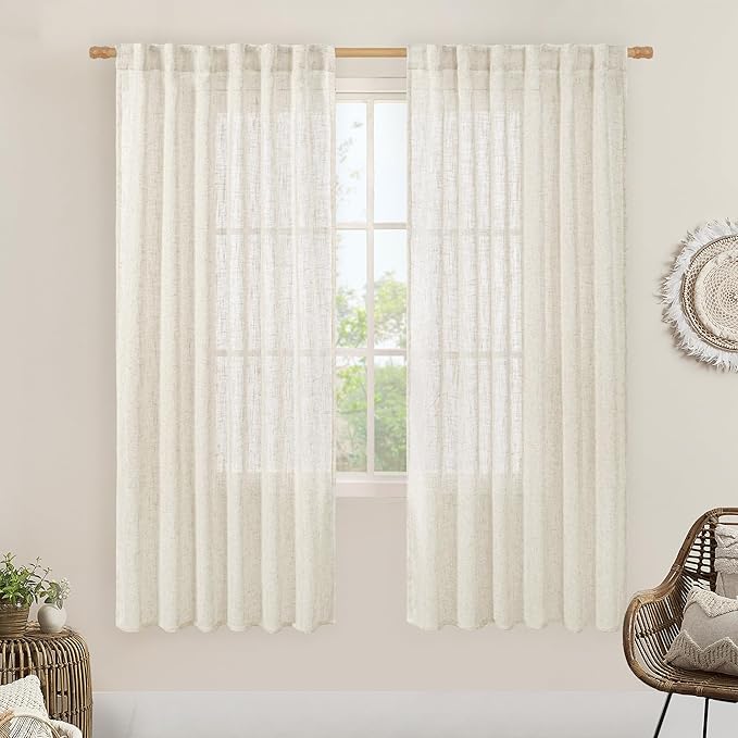 LAMIT 68 inch Semi Sheer Linen Curtains 2 Panels Set, Cream Ivory Light Filtering Panels Back Tab and Rod Pocket Neutral Drapes for Kitchen/Window/Sliding Glass Door, 52 x 68 Inch