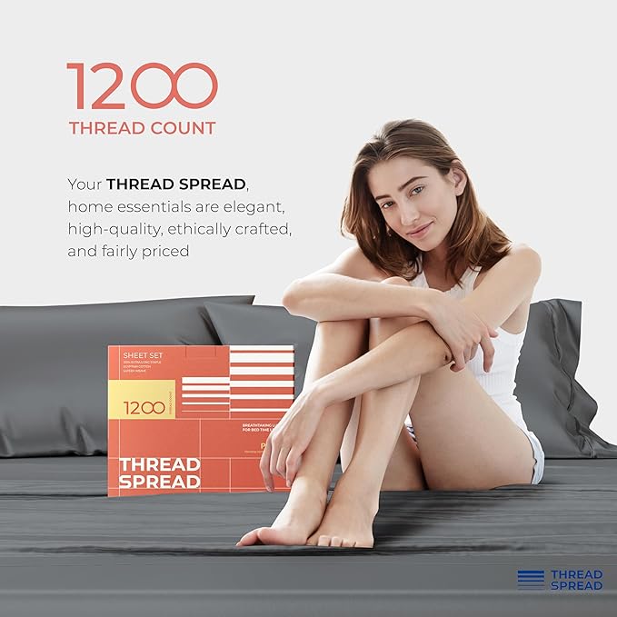 THREAD SPREAD 100% Egyptian Cotton King Size Sheets Set - Luxury 1200 Thread Count Egyptian Cotton Sheets King Size, 17" Deep Pocket, Soft, Cooling Sateen Weave Hotel Quality Bedding Set - Dark Grey