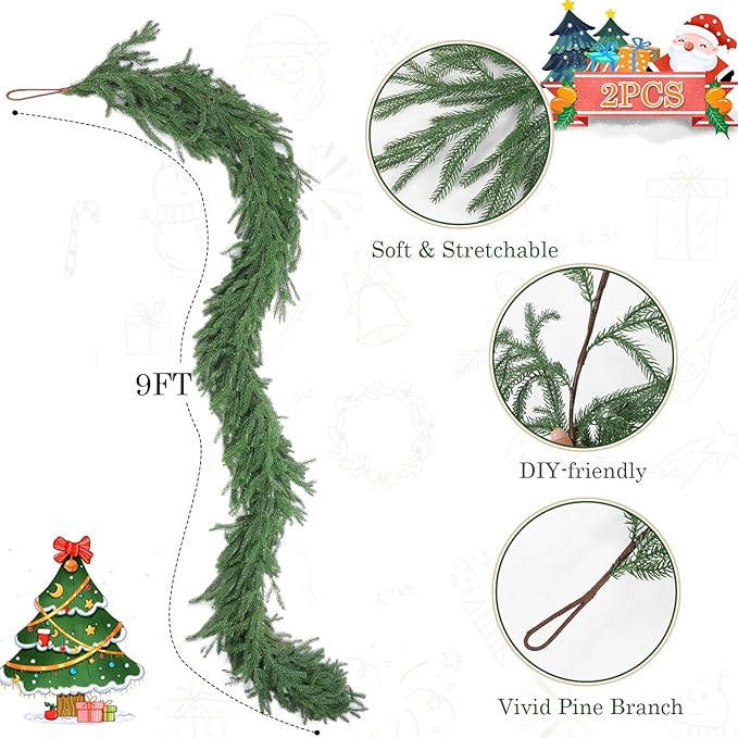 2 Pcs 9 Ft Artificial Norfolk Pine Garlands, Realistic Christmas Pine Garland Faux Winter Greenery for Holiday Table Centerpiece, Mantel, Wall, Indoor, Outdoor Christmas Decor (2, 9 Ft)