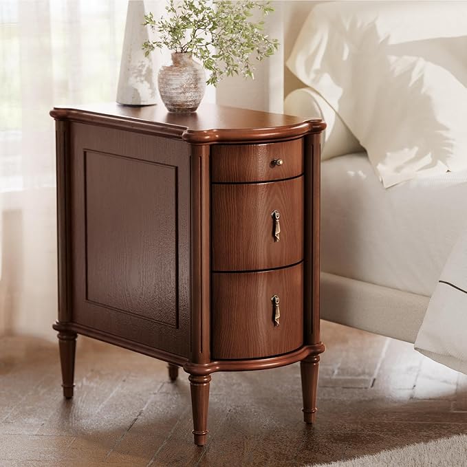 STO'SENSE Nightstand w/Charging Station & 3 Drawers, Pre-Assembled, Vintage Side Table w/Antique-Finished Pulls, Rustic Wood Finish, Narrow End Table w/Turned Legs for Bedroom (1, Brown)