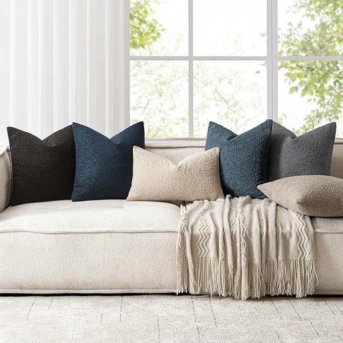 Woaboy Pack of 2 20x20 Inch Decorative Boucle Throw Pillow Covers Textured Square Pillowcaes Accent Solid Cozy Soft Cushion Covers Home Decor for Sofa Couch Living Room Home Decor,Navy Blue