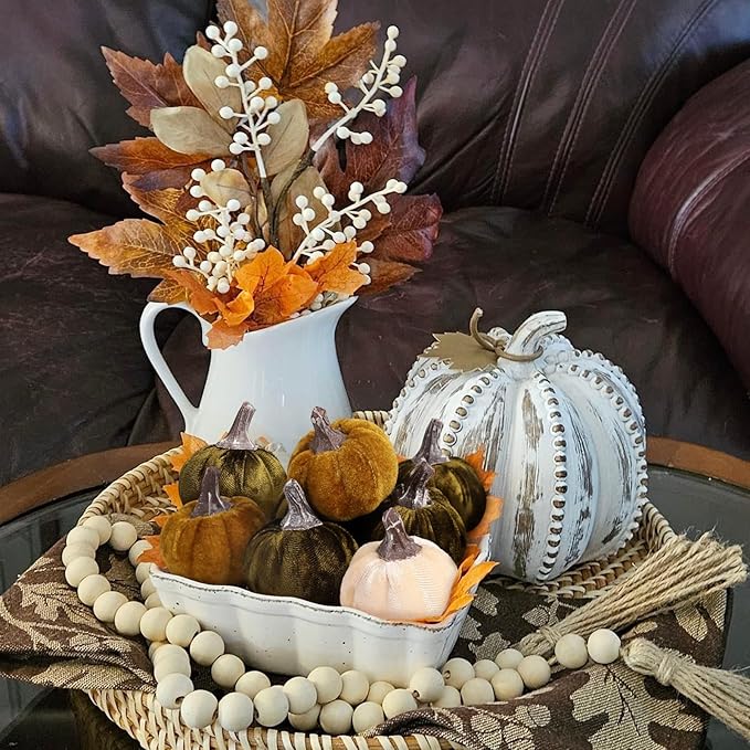 12pcs Velvet Fake Pumpkins Fall Decor Faux Small Foam Fabric Pumpkin for Autumn Table Centerpiece Party Farmhouse Harvest Thanksgiving (Cream/Lime Green/Forest Green)