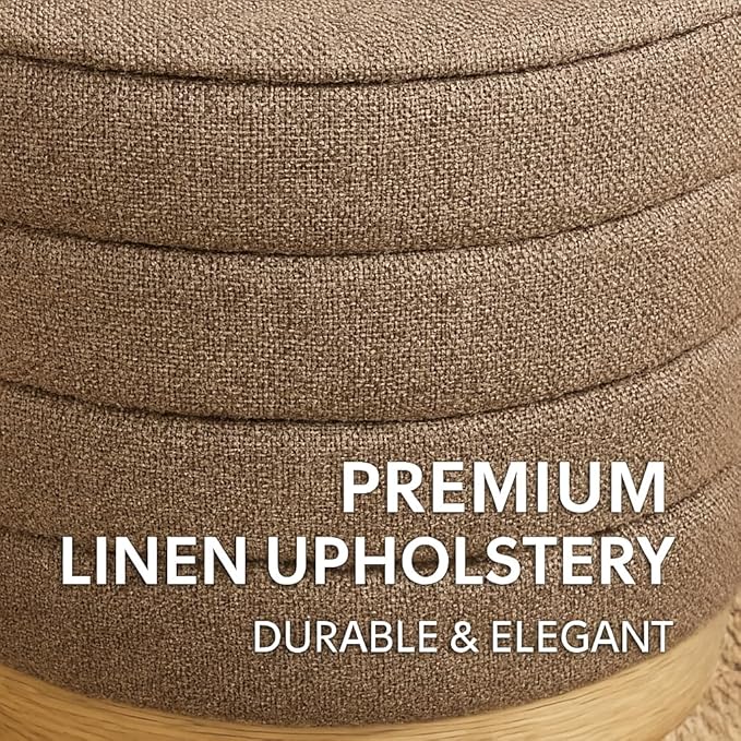 Round Ottoman with Storage โ Elegant Durable Linen Upholstered Footrest Bench for Living Room, Cylinder Vanity Stool โ Brown