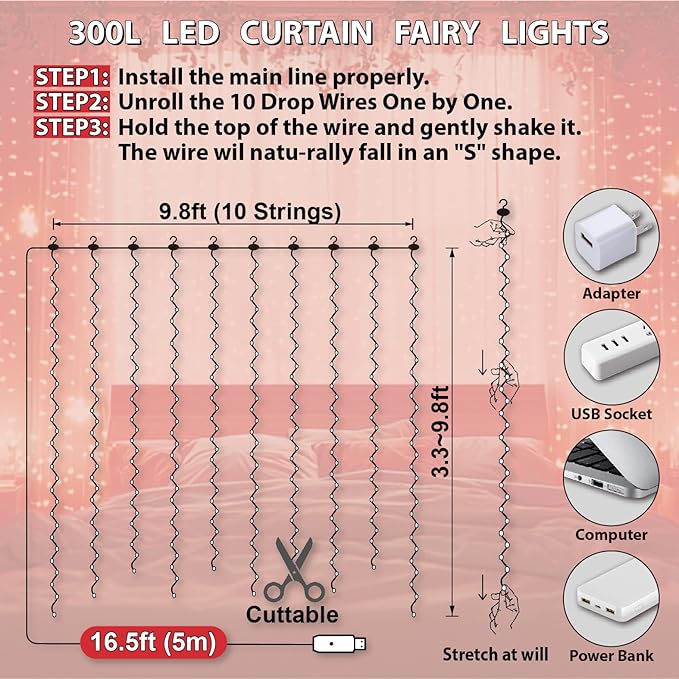 HXWEIYE 300LED Fairy Curtain Lights, 9.8x9.8Ft Red USB Plug in 8 Modes Timer Christmas String Hanging Lights with Remote for Bedroom Backdrop Wedding Party Home Wall Garden Outdoor Indoor Decor