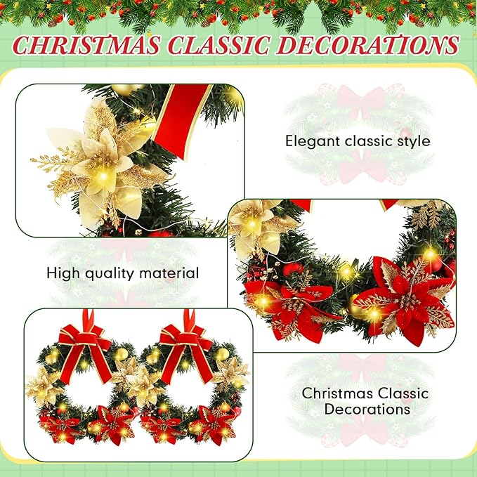Lyrow 6 Pcs Lighted Christmas Wreath with Red Bow Ornament 13 Inch Prelit Xmas Battery Operated Christmas Wreaths for Front Door Outdoor Holiday Wall Indoor Xmas Decorations Party Decor(Classic)