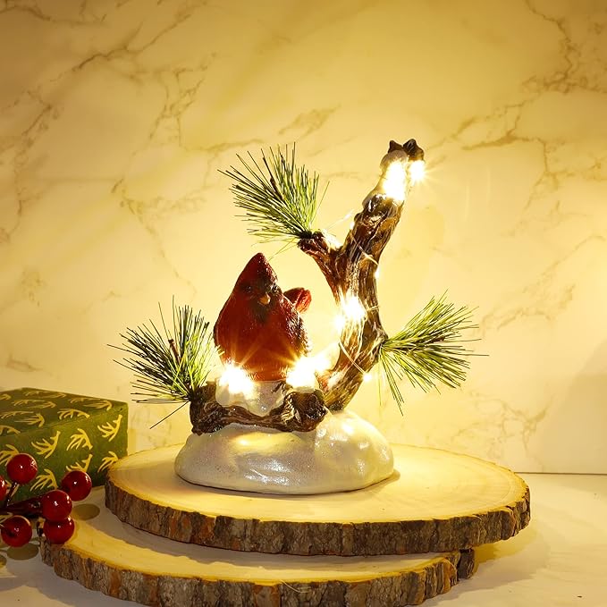 winemana Christmas Tabletop Decorations, LED Lights Cardinal Resin Ornament, Lighted Red Bird on Snowy Pine Tree Holiday Decor for Indoor Home Table Desk Kitchen Room Xmas Party