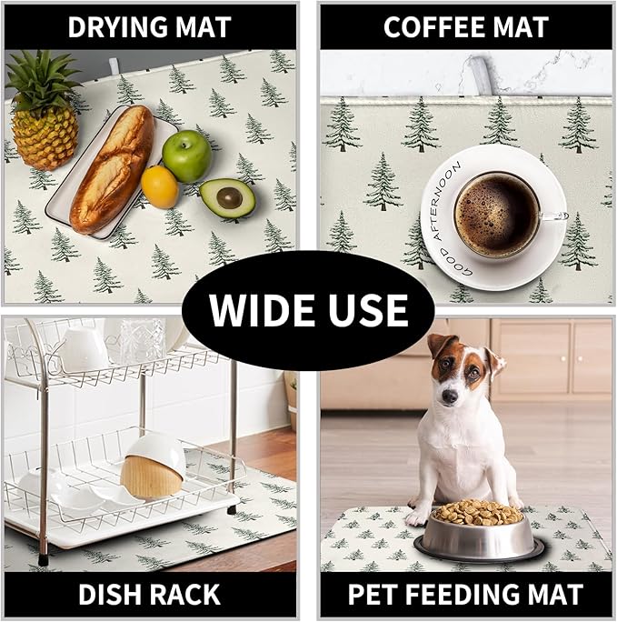 Christmas Tree Dish Drying Mat Winter Xmas Holiday Drying Mats Microfiber Absorbent Dishes Drying Pad Reusable Washable Kitchen Countertop Protector Dish Drainer Rack Mat 18x24 Inch