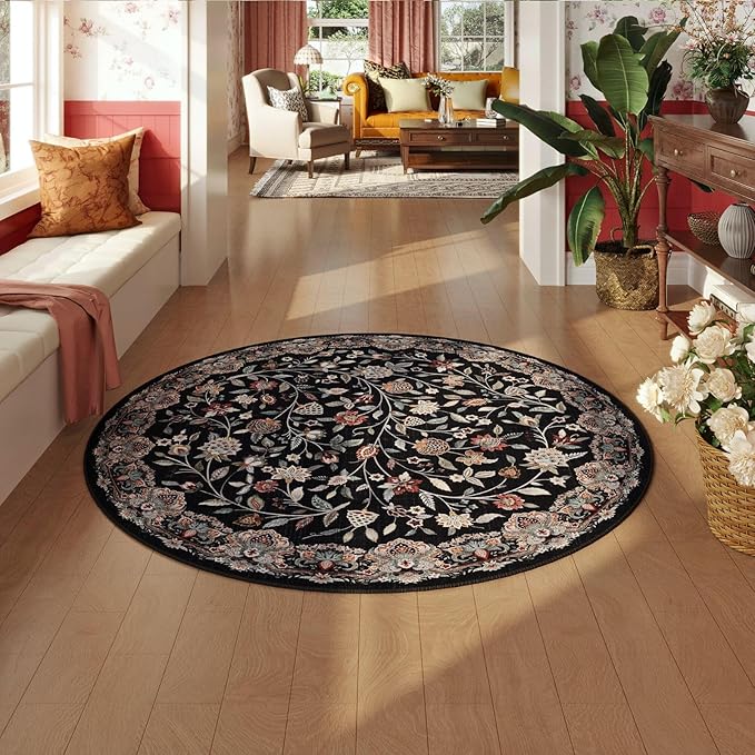 Rugcomf Vintage Paisley Round Rug 4ft - Machine Washable Area Rug, Non-Slip Low Pile Floral Carpet for Entryway, Living Room, Bedroom, Dining Room, Kids, Bathroom, Office - Black