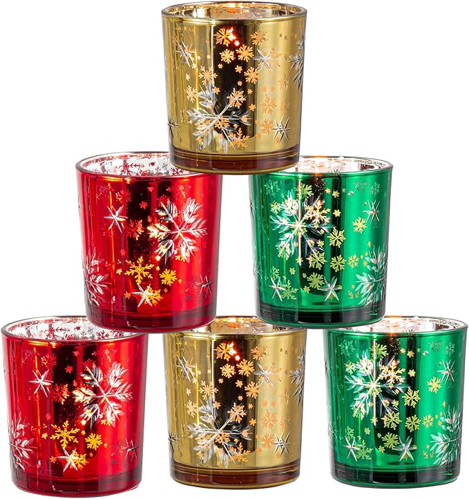 Christmas Candle Holder,Mercury Glass Tealight Votives Set of 6,Christmas Decorations Indoor,Snowflake Carving Tea Lights Centerpieces Table Decor