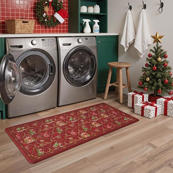 GENIMO Christmas Decorations - Kitchen Mats for Floor, 2PCS Christmas Kitchen Rugs, Cushioned Anti Fatigue Mat for Home Decor, Waterproof Non Slip Standing Mat for Laundry, 17.3"x47"+17.3"x30", Red