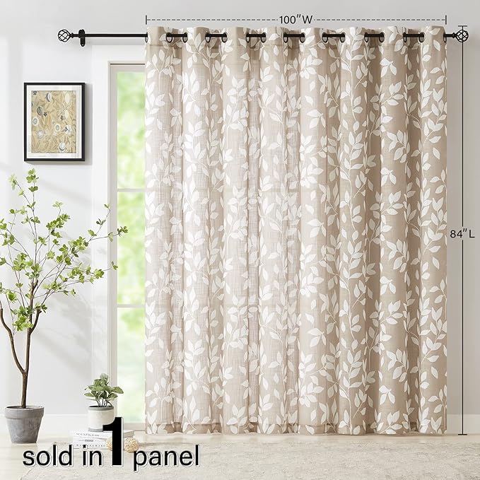 Taupe White Leaf Sheer Curtains for Living Room 84 inch Length Sliding Door Curtains Khaki Print Glass Door Window Draperies Extra Wide Light Filtering Linen Textured Sheer Curtain Panels 100” w 1pcs