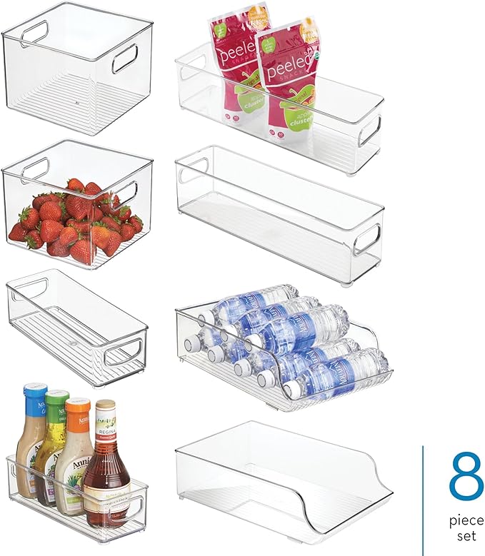 iDesign Fridge Storage Bin Set - Includes Bins with Handles and Water Bottle Holder, Set of 8, Clear