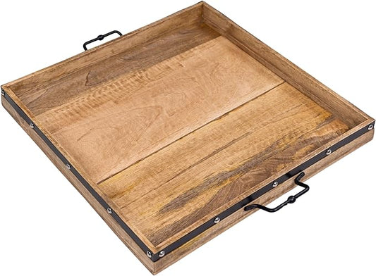 24"x24" Extra Large Square Ottoman Tray, Heavy Duty Mango Wood, for Serving Tea, Breakfast in Bed, Living Room Large Coffee Table Tray Rustic with Farmhouse Style, Decorative Handles and Accent Strap