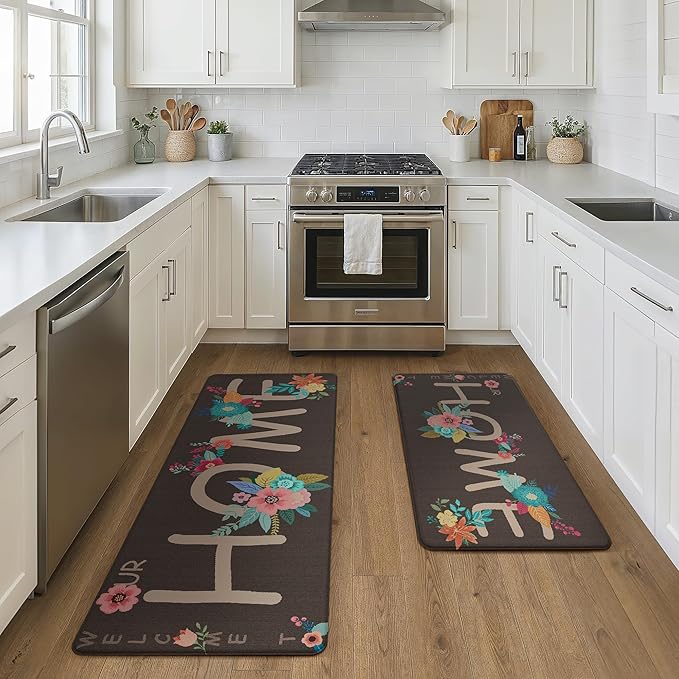 GENIMO Anti Fatigue Kitchen Mats for Floor, Non Slip Washable Home Theme Rugs Sets of 2, Farmhouse Cushioned Waterproof Comfort Runner Rug for Kitchen, Sink, Desk, Laundry, 17"x 47"+17"x 30", Coffee