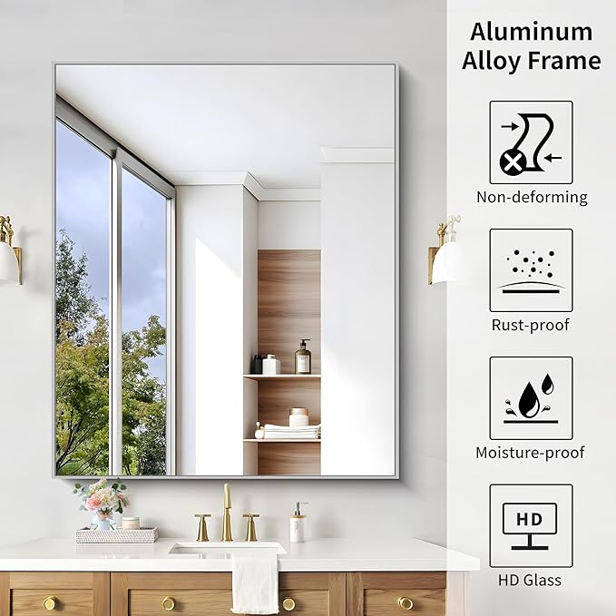 KOCUUY Silver Bathroom Mirror, 40"x48" Large Rectangular Mirror with Metal Frame, Brushed Nickel Vanity Mirror with Modern Design for Bathroom, Living Room, Entryway, Hang Horizontal/Vertical
