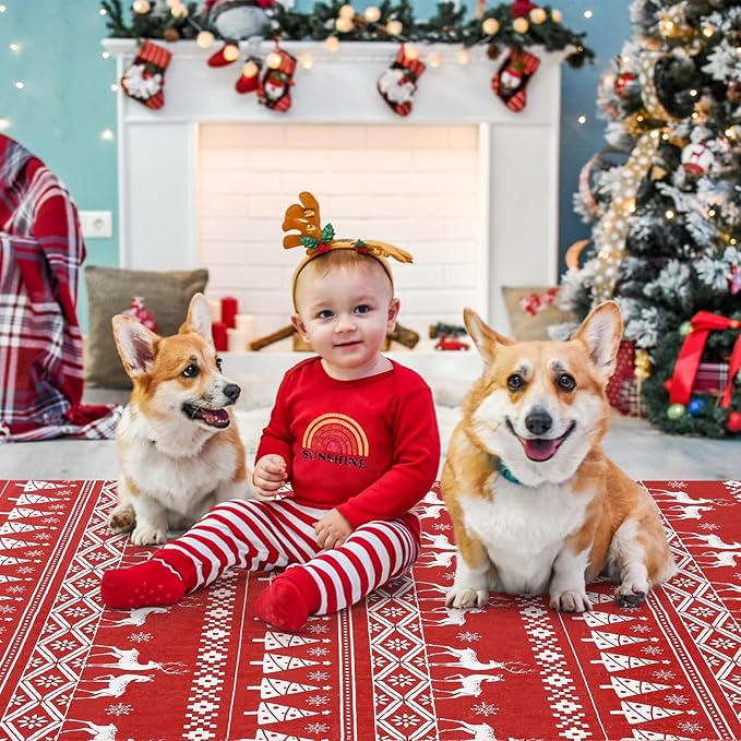 RUGSREAL 8x10 Christmas Area Rug Christmas Tree and Deer Pattern Boho Floor Cover Machine Washable Indoor Carpet Rug Decorative Non Slip Accent Rug for Kitchen Bathroom Living Room Bedroom