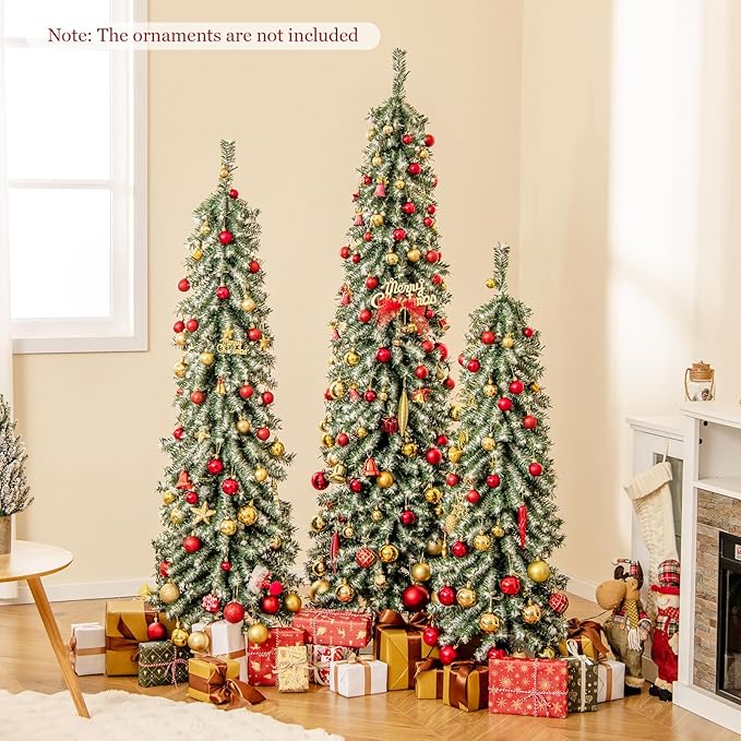 GOFLAME Set of 3 Pre-Lit Artificial Christmas Tree, Flocked Pencil Xmas Trees 4FT, 5FT and 6FT with Drooping Branches, Soft White Cotton, LED Lights, Holiday Decoration Tree for Home Office Party