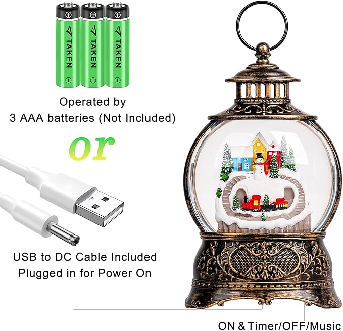 9.8" Christmas Snow Globe Water Lantern with Snowman and Train Scene Battery Operated or USB Powered Musical Lighted Holiday Decoration for Tabletop Display for Family and Friends