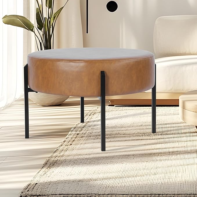 HomePop Modern Round Ottoman, Home Décor,Upholstered Round Velvet Foot Rest Ottoman - Carmel Faux Leather Small