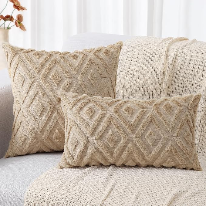 decorUhome Couch Throw Pillow Covers 16x16 Set of 2, Decorative Soft Plush Faux Wool Neutral Accent Pillow Covers for Bed Sofa Living Room, Light Khaki