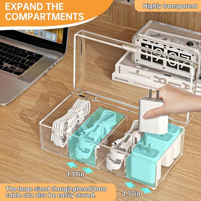 2 Pack Cable Organizer Box with Lid, Clear charging cord organizer box with 4 Compartments & 20 Wire Ties, Charger Cord Storage for Desk Drawer, Home Office Organization Accessories