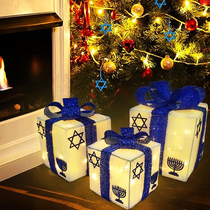 Krissing 3pcs Lighted Hanukkah Gift Boxes for Hanukkah Decorations, Christmas White and Blue Gift Boxes Decor for Chanukah Party Table Centerpieces Yard Jewish Christmas Tree Ornaments