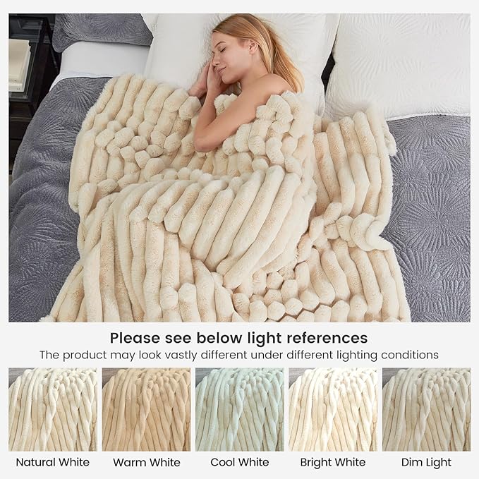 Cozy Bliss Faux Fur Throw Blanket for Couch, Cozy Warm Plush Striped Blanket for Sofa Bedroom Living Room, 90 * 90 Inches Beige