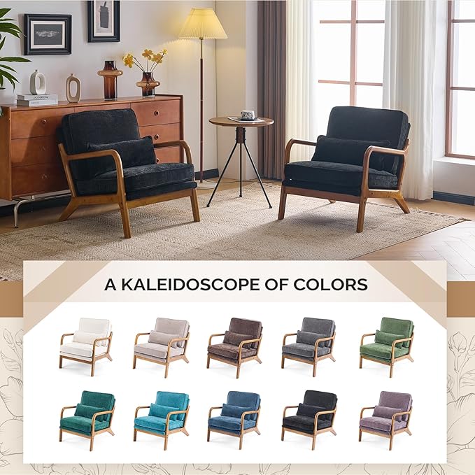 VINGLI Chenille Mid-Century Modern Accent Chair Set of 2, Cute Reading Arm Chair with Cushion & Lumbar Pillow & Solid Wood Frame for Lounge, Living Room, Reading Room, Bedroom, Black