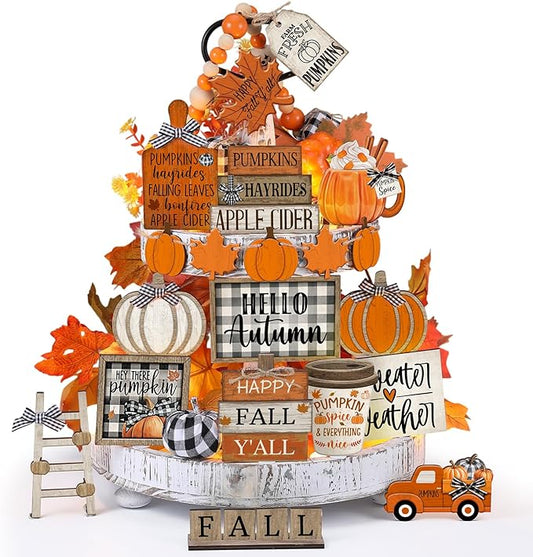 21 Pcs Fall Tiered Tray Decoration Set Thanksgiving Table Sign Pumpkins Farmhouse Gnome Maple Leaves Centerpieces Harvest Wood Blocks Signs Fall Block Tabletop for Autumn