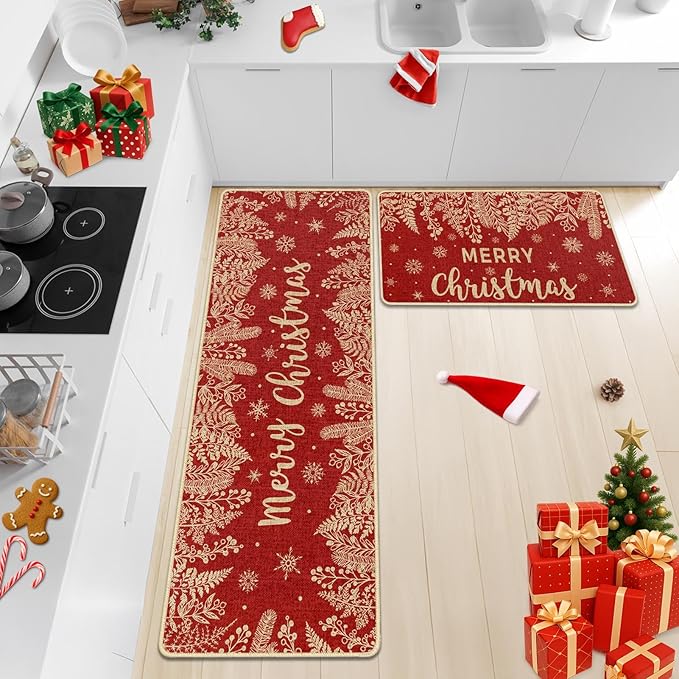 Christmas Red Holly Pine Kitchen Rugs and Mats Non Skid Washable Set of 2, Branches Leaves Xmas Kitchen Mats for Floor Decor