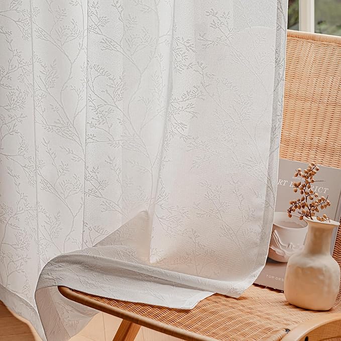 Anmao White Semi Sheer Light Filtering Curtains 54 Inches Long 2 Panels, Branch Pattern Drapes for Living Room Bedroom, Rod Pocket Privacy Window Treatments with Floral Design, 52x54 Inch