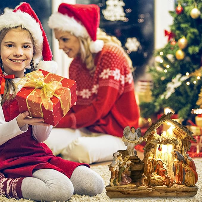 Nativity Sets 9.8 Inch Christmas Village Manger Nativity Scene Indoor Baby Jesus Christmas Decorations Tabletop Scenes Figures Set Christmas Ornaments