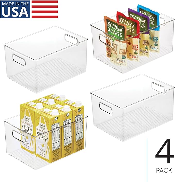 InterDesign iDesign Pantry Organizer Bins with Handles - Storage Bins for Cabinets or Fridge - Set of 4 - Clear