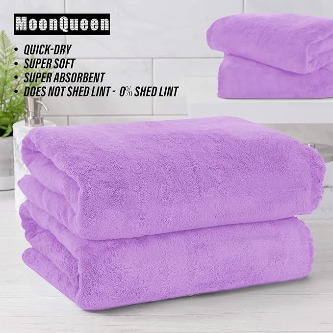 MOONQUEEN 2 Pack Premium Bath Towel Set - Quick Drying - Microfiber Coral Velvet Highly Absorbent Towels - Multipurpose Use as Bath Fitness, Bathroom, Shower, Sports, Yoga Towel (Purple)