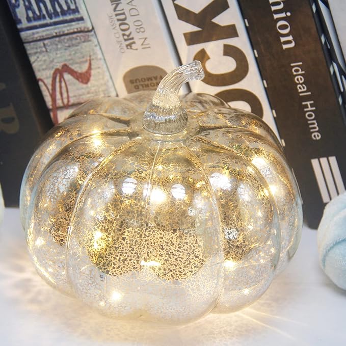 Fall Decor-Fall Decorations for Home Mercury Glass Pumpkin Light with Timer,Battery Operated Led Pumpkin Light,Ideal for Halloween Decoration, Thanksgiving Rustic Decor, Xmas Décor (Silver2)