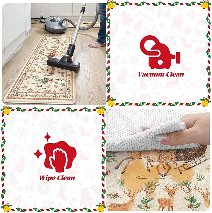 Collive Christmas Snowman Kitchen Floor Mats, Winter Xmas Tree Cushioned Anti Fatigue Kitchen Rugs 2 Piece Waterproof Elk Sled Sink Mat, Non Slip Foam Comfort Standing Desk Rug for Home Decor, Beige