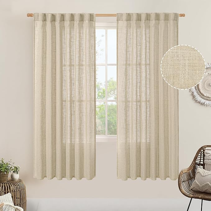 LAMIT Light Filtering Linen Curtains 68 inches Long for Bedroom, Faux Linen Textured Semi Sheer Back Tab and Rod Pocket Boho Modern Drapes for Living Room/Farmhouse, Linen, 2 Panels, 52 x 68 Inch