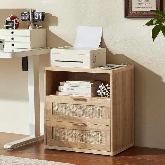 LEYAOYAO Rattan Night Stand with Charger Station, 23" Wide Boho Nightstand with 2 Drawers, Natural Wood Bedside Table Open Storage Cabinet, Bed Side End Tables Dresser for Bedroom, Living Room Hallway