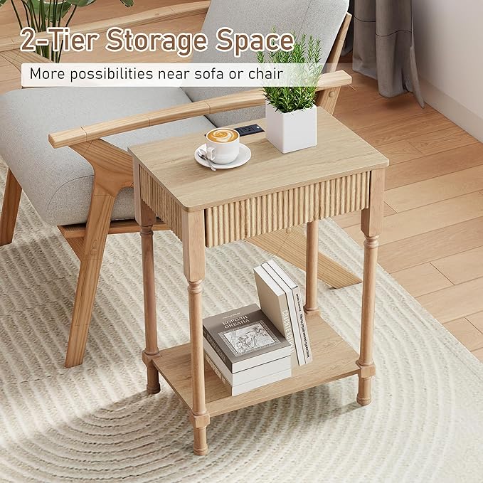 23.6” Large End Table with Charging Station, Modern Farmhouse Side Table Sofa Tables with Fluted Drawer, Wooden Bedside Table Night Stand for Bedroom Living Room Home Office, Natural