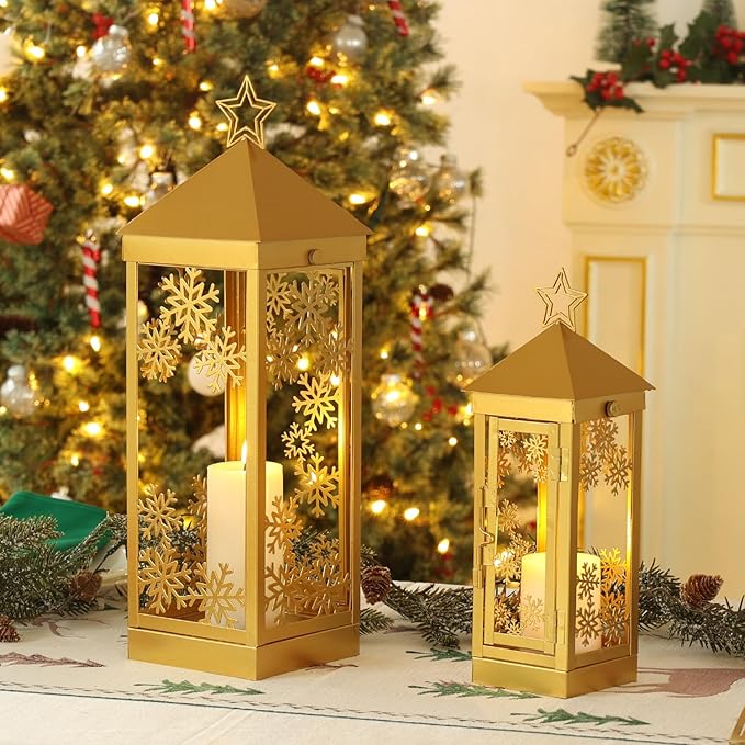 NEEDOMO Christmas Decorations Outdoor&Indoor, 17''/12'' Metal Candle Lantern Decor,Christmas Lanterns with Snowflakes Stars and LED Candle for Home Porch Patio Table Centerpieces, Xmas,No Glass
