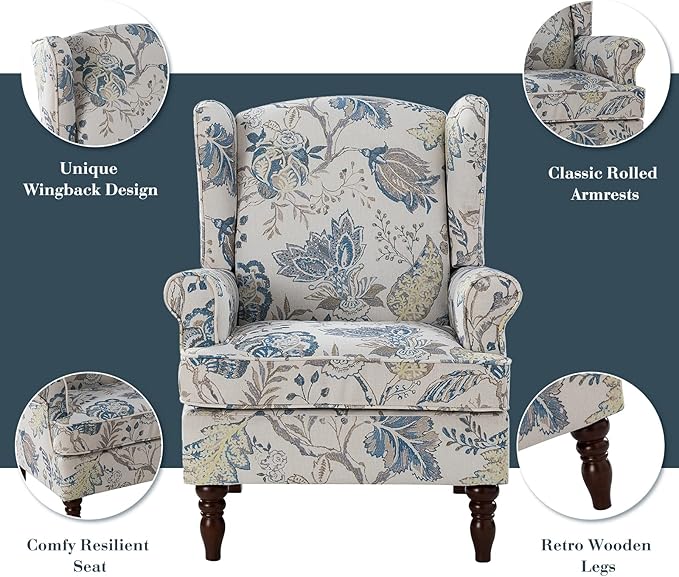 HULALA HOME Wingback Accent Chairs Set of 2 with Retro Wood Legs, Traditional Fabric Armchairs for Living Room Bedroom, Comfy Upholstered Sofa Chairs Reading Chairs with Unique Pattern Design, Blue