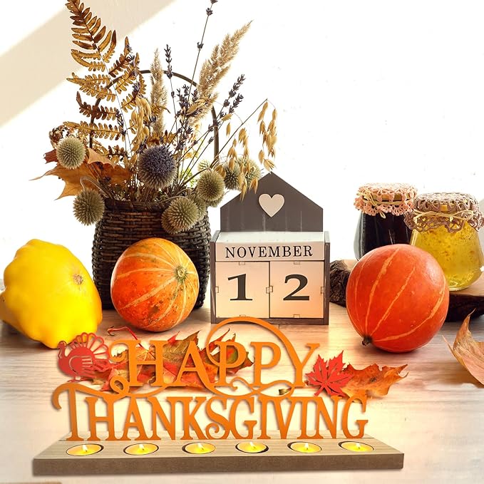 Metal Happy Thanksgiving Sign, Tiered Tray Decor with 18 Pcs Tealights, Orange Fall Decorations Tea Lights Candles Holders for Home, Office, Shelf, Mantel, Indoor, Table, Autumn Decoration