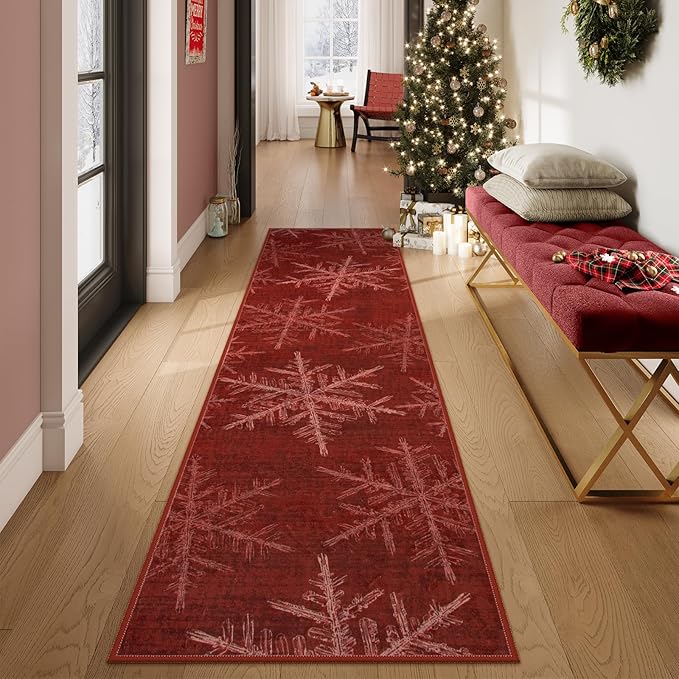 Lahome Snowflake Christmas Runner Rug, 2x8 Red Christmas Rug Runner Soft Non Slip Kitchen Runner Rugs with Rubber Backing Holiday Decor Carpet Runners for Hallways Bedroom Laundry(2x8ft,Red)