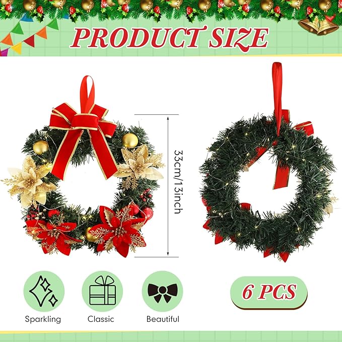 Lyrow 6 Pcs Lighted Christmas Wreath with Red Bow Ornament 13 Inch Prelit Xmas Battery Operated Christmas Wreaths for Front Door Outdoor Holiday Wall Indoor Xmas Decorations Party Decor(Classic)