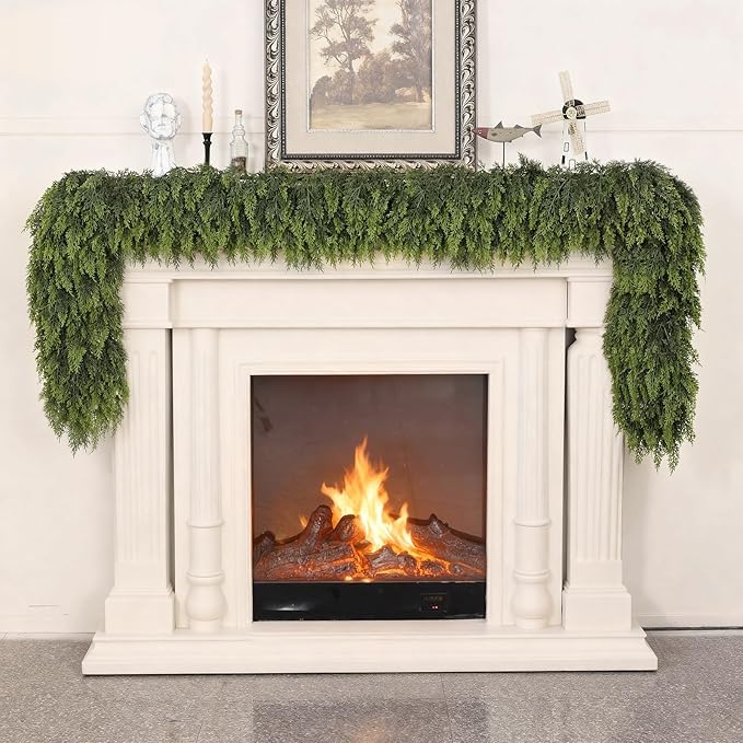9FT Real Touch Cedar Garland - Artificial Christmas Garland Fake Green Faux Thick and Lush Pine Needles Garlands for Table Fireplace Mantle Holiday Home Indoor Outdoor Decor (1PCS)